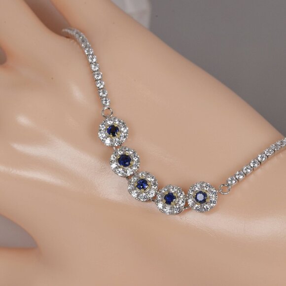 Halo Round Cut Natural Blue Sapphire 925 Sterling Silver Tennis Bracelet, 7" #3 - Picture 3 of 4